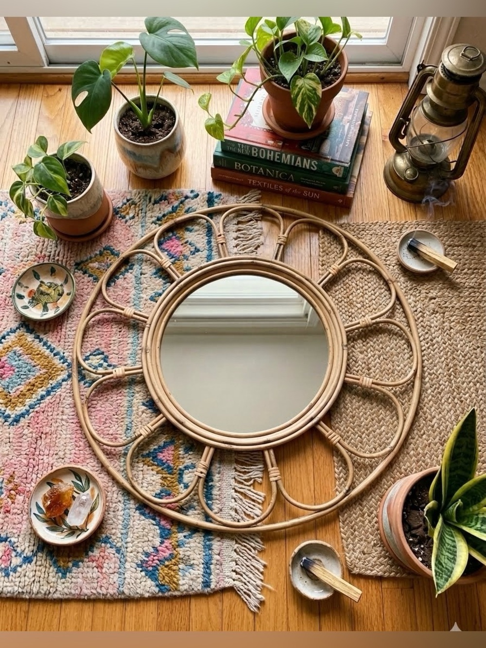 Anthropologie Boho Style Rattan Flower Wall Mirror – 24”